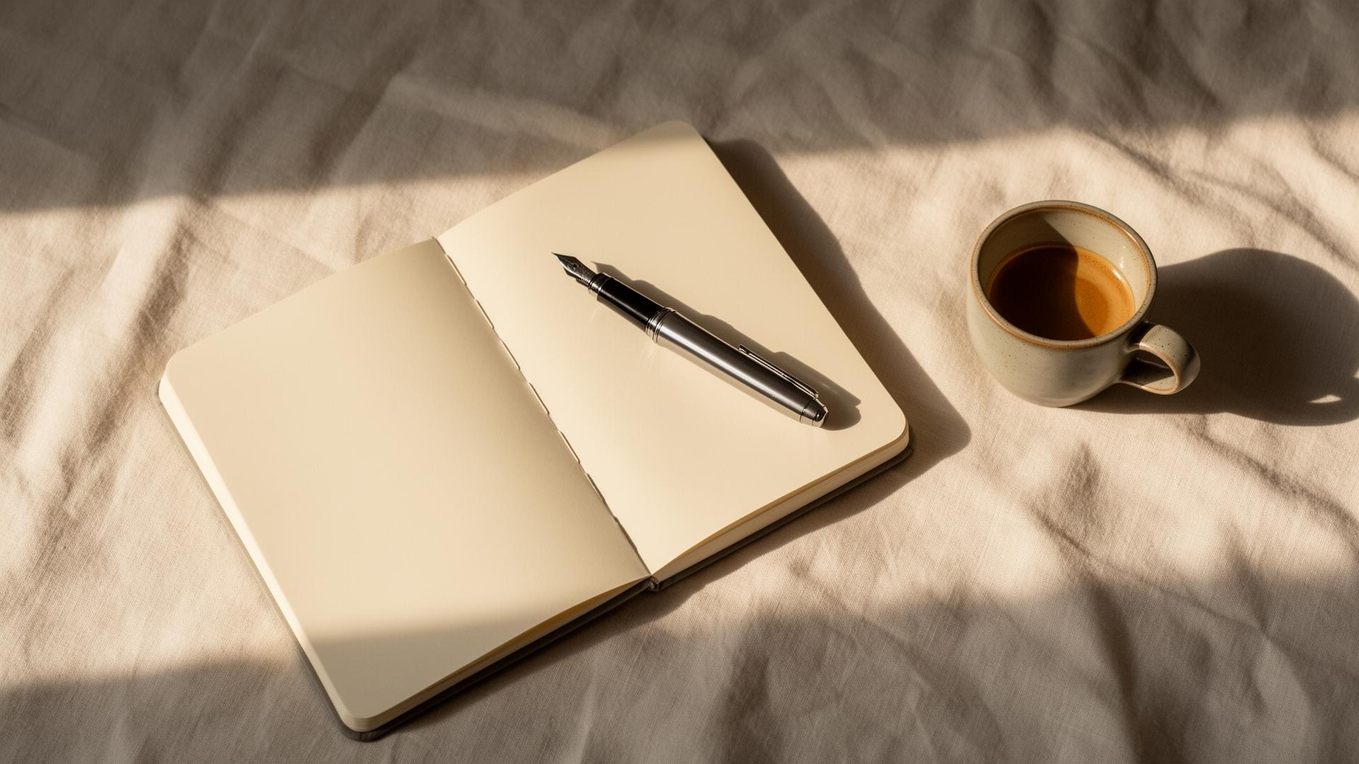 Quaderno, penna stilografica e caffè